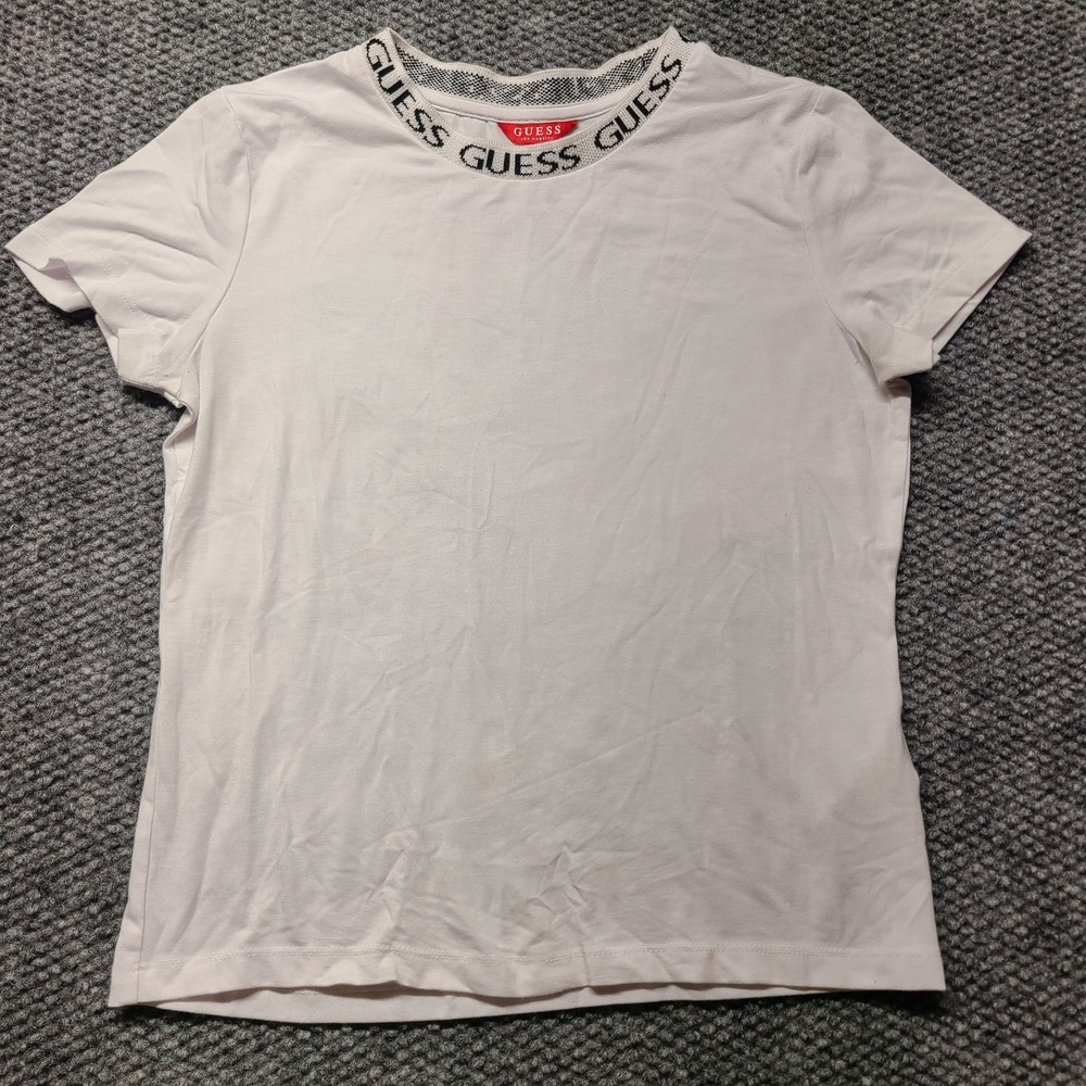 Guess Eddie Logo T Shirt Womens Small White Crew Neck Short Sleeve Pullover